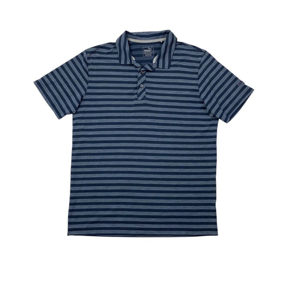 Puma Polo Shirt Mens M Medium Navy Slate Striped Short Sleeve Performance Golf